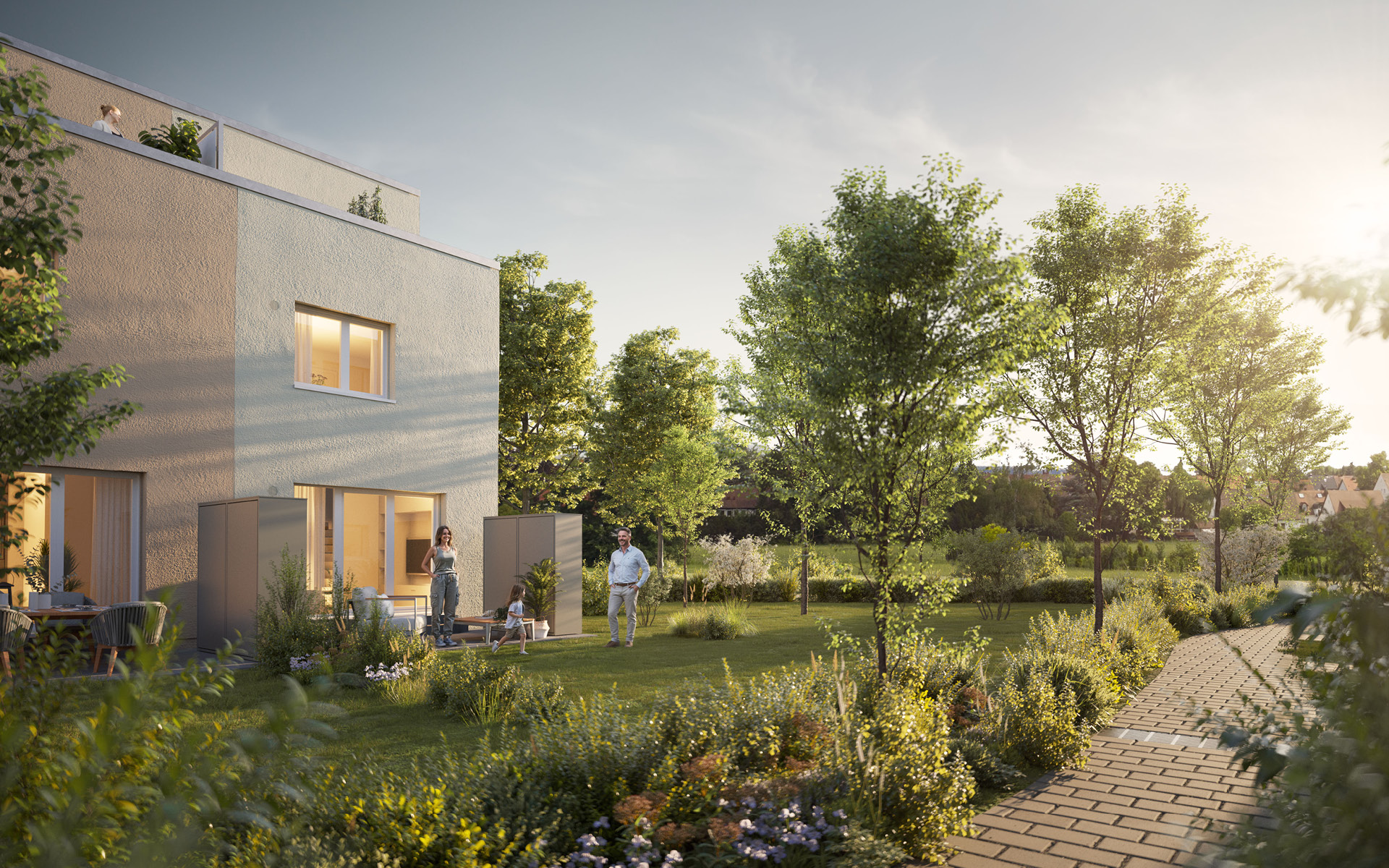 Neubau von sieben Reihenhäusern in München Lochhausen. Carport und Aussenanlagen inbegriffen.